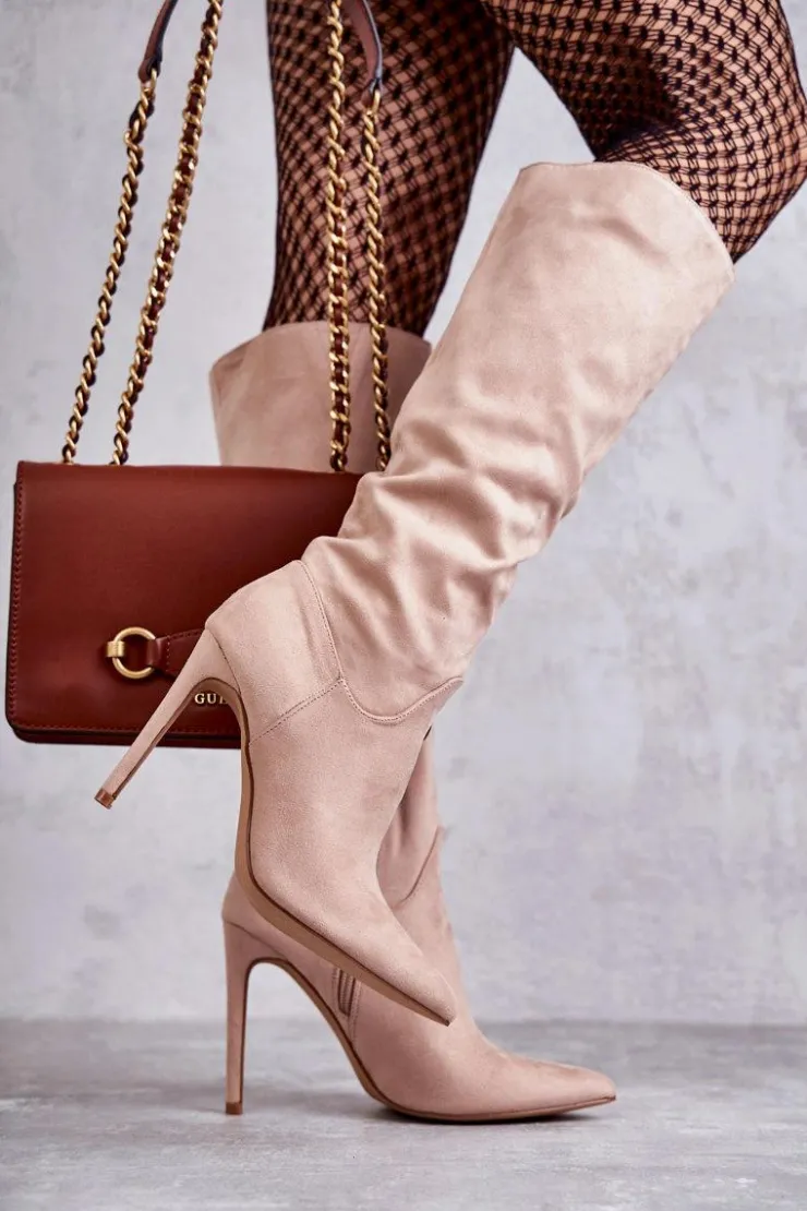 Clearance Boto Klasyczne Zamszowe Kozaki Na Szpilce Beżowe Ameya Beżowy