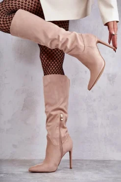 Clearance Boto Klasyczne Zamszowe Kozaki Na Szpilce Beżowe Ameya Beżowy