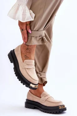 Hot Boto Klasyczne Zamszowe Mokasyny Z Ozdobą Beżowe Monaro