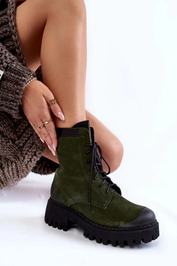Outlet Boto Klasyczne Zamszowe Ocieplane Botki Zielone Lemar Caima