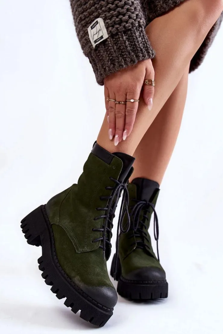 Outlet Boto Klasyczne Zamszowe Ocieplane Botki Zielone Lemar Caima