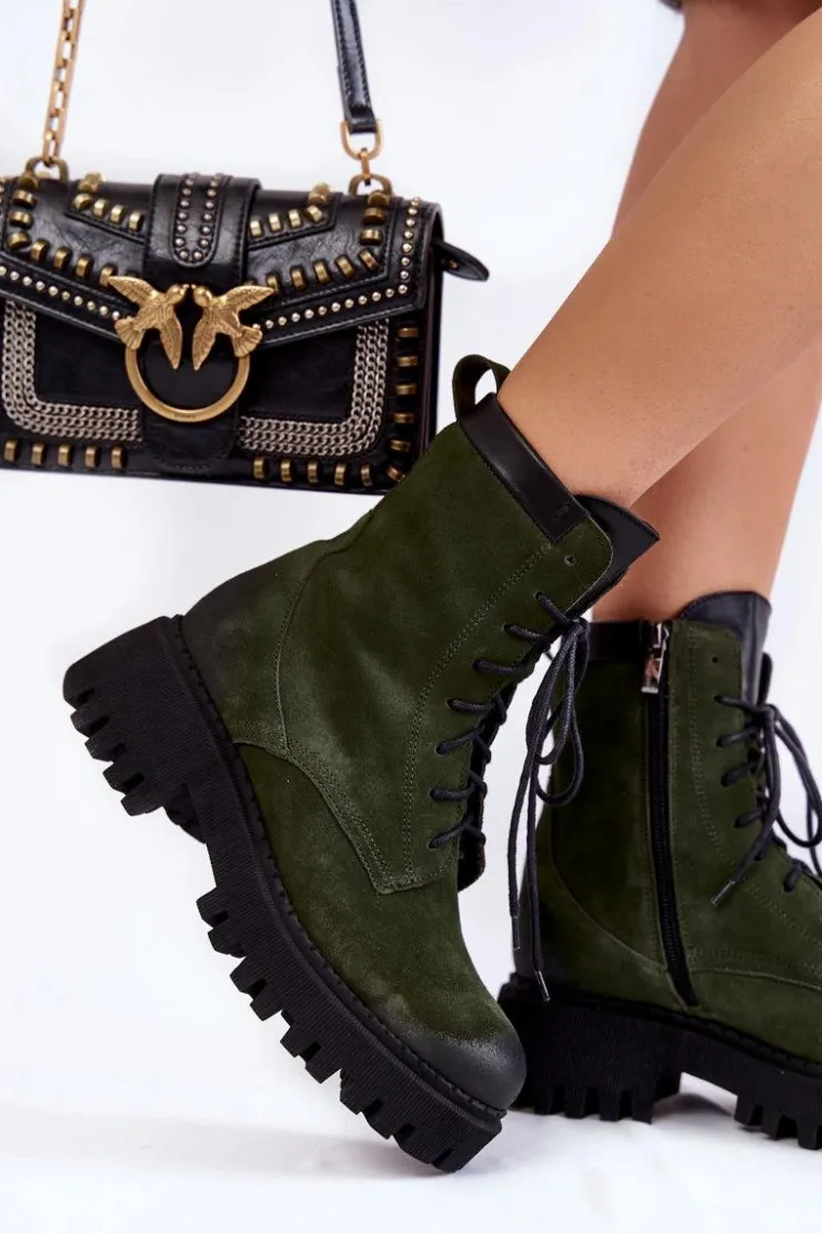 Outlet Boto Klasyczne Zamszowe Ocieplane Botki Zielone Lemar Caima