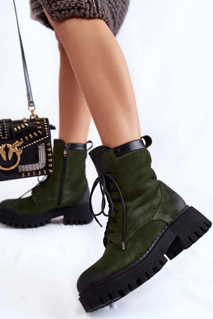 Outlet Boto Klasyczne Zamszowe Ocieplane Botki Zielone Lemar Caima