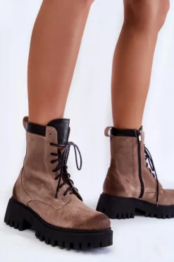 Boto Damskie Trapery|Botki Sznurowane*Klasyczne Zamszowe Ocieplane Botki Brązowe Lemar Caima