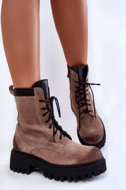 Boto Damskie Trapery|Botki Sznurowane*Klasyczne Zamszowe Ocieplane Botki Brązowe Lemar Caima