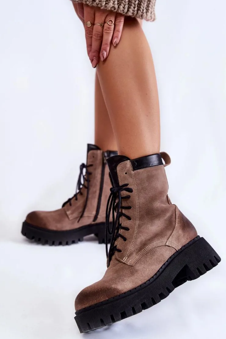 Boto Damskie Trapery|Botki Sznurowane*Klasyczne Zamszowe Ocieplane Botki Brązowe Lemar Caima