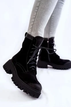 Boto Damskie Trapery|Botki Sznurowane*Klasyczne Zamszowe Ocieplane Botki Czarne Lemar Caima