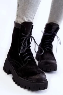 Boto Damskie Trapery|Botki Sznurowane*Klasyczne Zamszowe Ocieplane Botki Czarne Lemar Caima