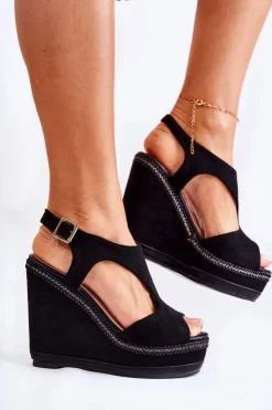 Damskie Boto Klasyczne Zamszowe Sandały Na Koturnie Czarne Lysette