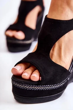 Damskie Boto Klasyczne Zamszowe Sandały Na Koturnie Czarne Lysette