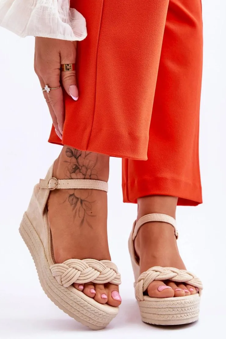 Damskie Boto Klasyczne Zamszowe Sandały Na Koturnie Beżowe Denisse