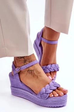 Outlet Boto Klasyczne Zamszowe Sandały Na Koturnie Fioletowe Denisse