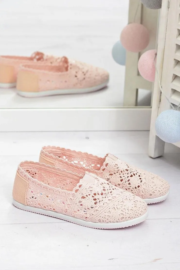 Boto Baleriny Klasyczne*Koronkowe Damskie Baleriny Little Sugar Pudrowy Róż