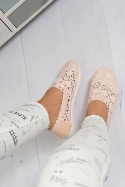 Boto Baleriny Klasyczne*Koronkowe Damskie Baleriny Little Sugar Pudrowy Róż