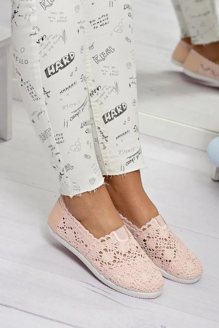 Boto Baleriny Klasyczne*Koronkowe Damskie Baleriny Little Sugar Pudrowy Róż