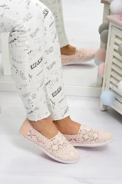 Boto Baleriny Klasyczne*Koronkowe Damskie Baleriny Little Sugar Pudrowy Róż