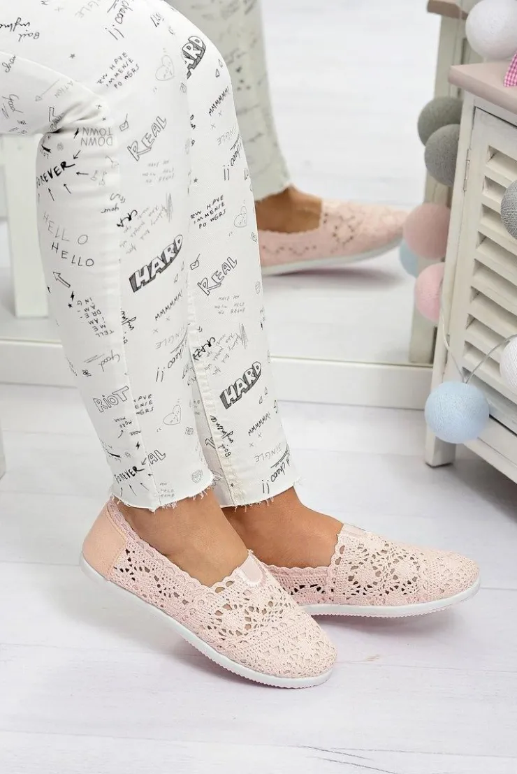 Boto Baleriny Klasyczne*Koronkowe Damskie Baleriny Little Sugar Pudrowy Róż