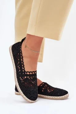 Boto Espadryle Na Platformie*Koronkowe Espadryle Damskie Czarne Adelira Czarny