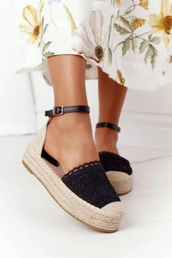 Damskie Boto Koronkowe Espadryle Na Plecionej Platformie Czarne Larisa