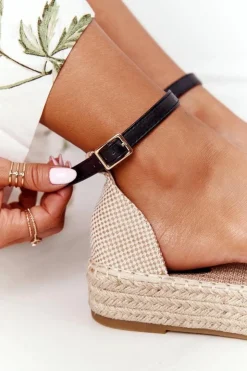 Damskie Boto Koronkowe Espadryle Na Plecionej Platformie Czarne Larisa