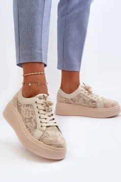 Best Damskie buty S.Barski Koronkowe Sneakersy Damskie Na Platformie S.Barski HY51-059 Beżowe