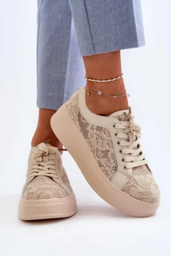 Best Damskie buty S.Barski Koronkowe Sneakersy Damskie Na Platformie S.Barski HY51-059 Beżowe