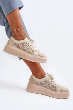 Best Damskie buty S.Barski Koronkowe Sneakersy Damskie Na Platformie S.Barski HY51-059 Beżowe
