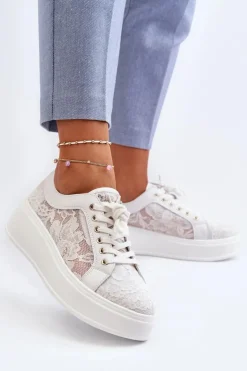 Damskie Damskie buty S.Barski Koronkowe Sneakersy Damskie Na Platformie S.Barski HY51-059 Białe