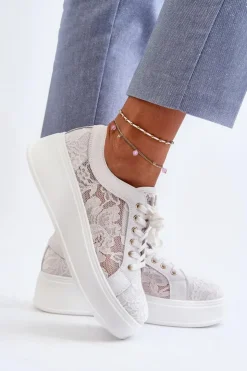 Damskie Damskie buty S.Barski Koronkowe Sneakersy Damskie Na Platformie S.Barski HY51-059 Białe