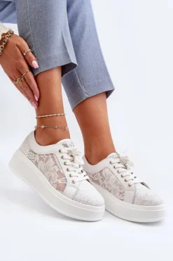 Damskie Damskie buty S.Barski Koronkowe Sneakersy Damskie Na Platformie S.Barski HY51-059 Białe