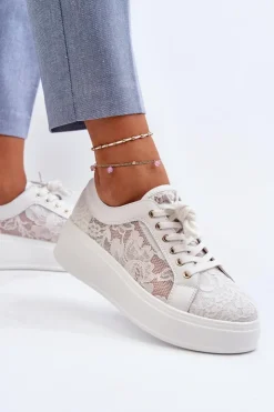 Damskie Damskie buty S.Barski Koronkowe Sneakersy Damskie Na Platformie S.Barski HY51-059 Białe