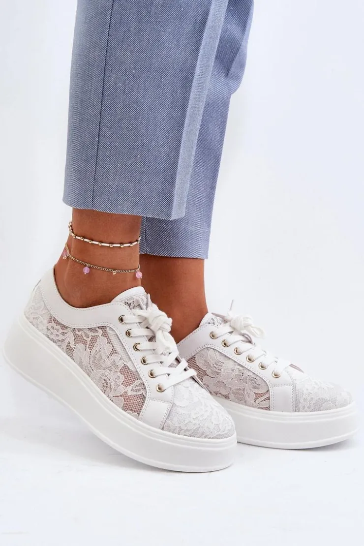 Damskie Damskie buty S.Barski Koronkowe Sneakersy Damskie Na Platformie S.Barski HY51-059 Białe
