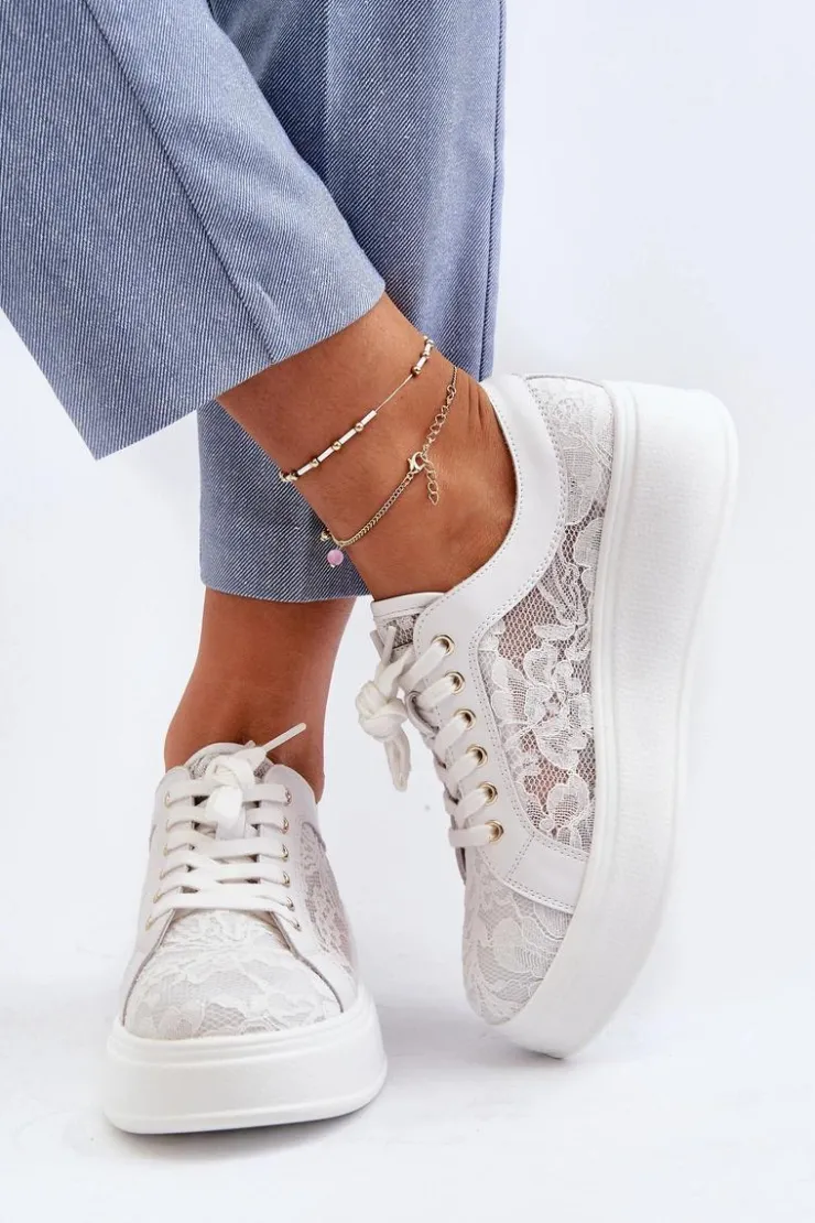 Damskie Damskie buty S.Barski Koronkowe Sneakersy Damskie Na Platformie S.Barski HY51-059 Białe