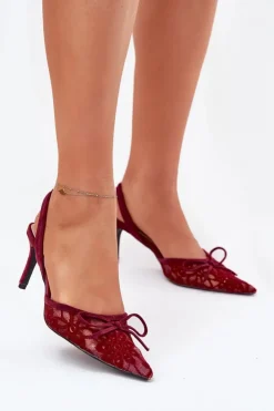Damskie Boto Koronkowe Szpilki Z Odkrytą Piętą Bordowe Annivirae