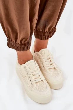 Damskie Big Star Shoes Koronkowe Trampki Damskie Big Star RR274746 Beżowe