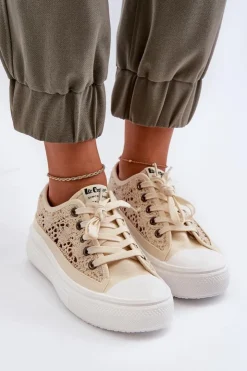 Damskie Lee Cooper Koronkowe Trampki Damskie LCW-23-44-1620 Beżowe