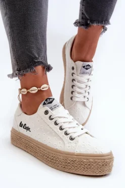 Discount Lee Cooper Koronkowe Trampki Damskie Z Plecionką LCW-24-44-2425 Białe