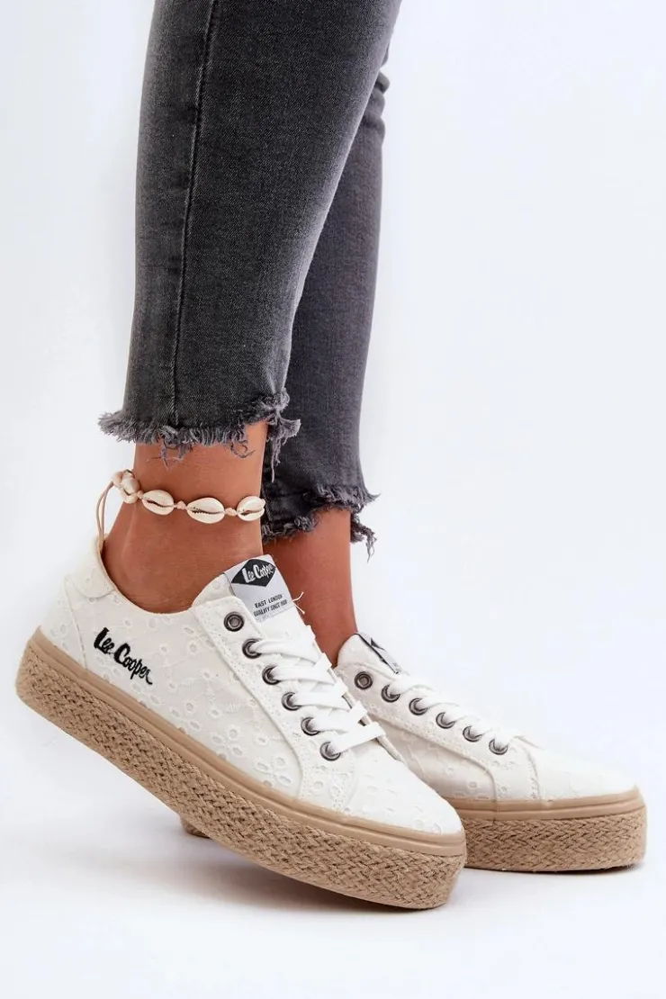 Discount Lee Cooper Koronkowe Trampki Damskie Z Plecionką LCW-24-44-2425 Białe
