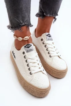 Discount Lee Cooper Koronkowe Trampki Damskie Z Plecionką LCW-24-44-2425 Białe