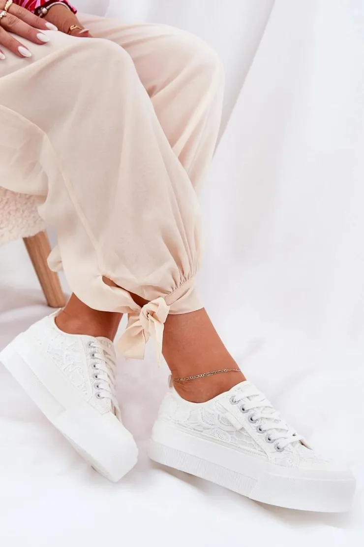 Clearance Big Star Shoes Koronkowe Trampki Damskie Big Star RR274747 Białe Biały