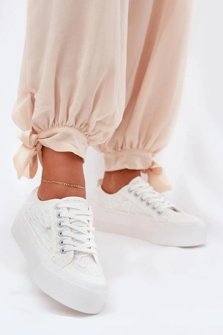 Clearance Big Star Shoes Koronkowe Trampki Damskie Big Star RR274747 Białe Biały