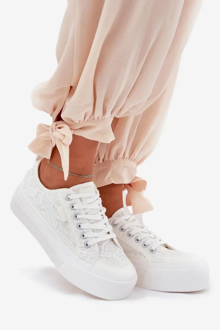 Clearance Big Star Shoes Koronkowe Trampki Damskie Big Star RR274747 Białe Biały