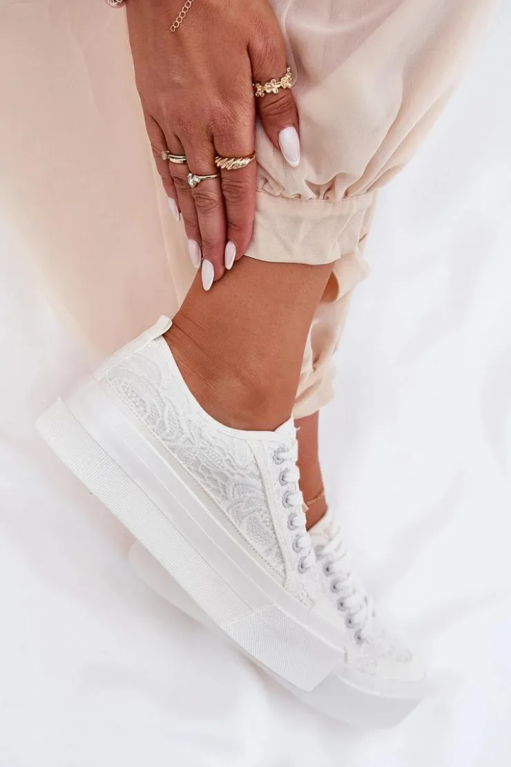 Clearance Big Star Shoes Koronkowe Trampki Damskie Big Star RR274747 Białe Biały