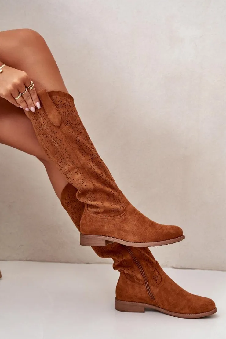 Damskie buty S.Barski Kozaki Ażurowe|Kozaki Płaskie*Kozaki Damskie Ażurowe Camel S.Barski HY42-132 Brązowy