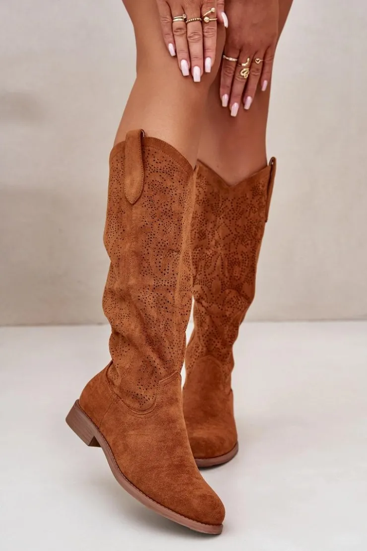 Damskie buty S.Barski Kozaki Ażurowe|Kozaki Płaskie*Kozaki Damskie Ażurowe Camel S.Barski HY42-132 Brązowy