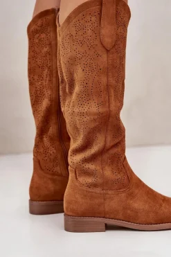 Damskie buty S.Barski Kozaki Ażurowe|Kozaki Płaskie*Kozaki Damskie Ażurowe Camel S.Barski HY42-132 Brązowy