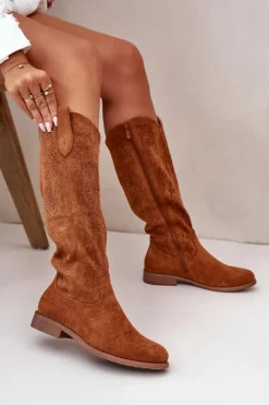 Damskie buty S.Barski Kozaki Ażurowe|Kozaki Płaskie*Kozaki Damskie Ażurowe Camel S.Barski HY42-132 Brązowy