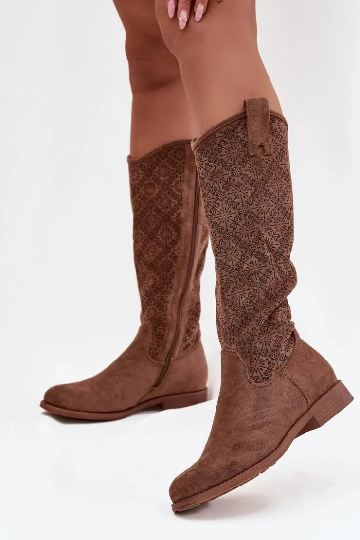 Discount Damskie buty S.Barski Kozaki Damskie Ażurowe Na Płaskim Obcasie S.Barski HY52-534 Brązowe Brązowy