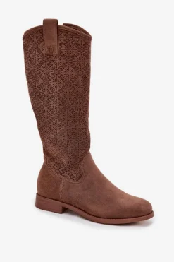 Discount Damskie buty S.Barski Kozaki Damskie Ażurowe Na Płaskim Obcasie S.Barski HY52-534 Brązowe Brązowy