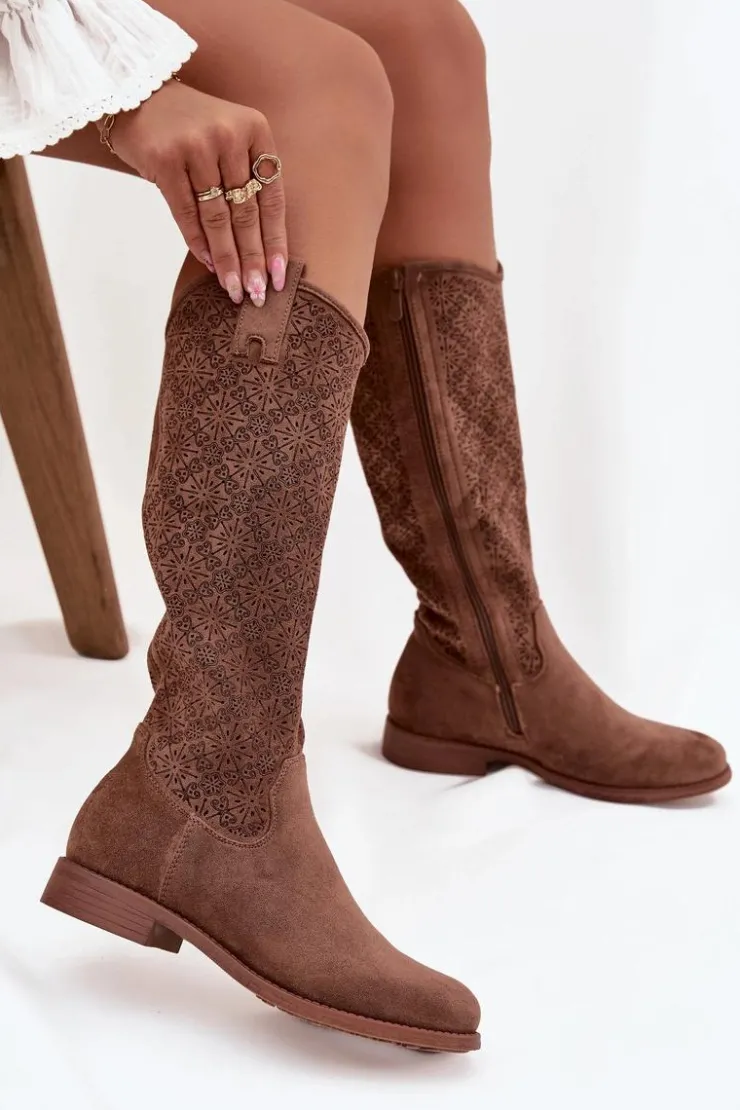 Discount Damskie buty S.Barski Kozaki Damskie Ażurowe Na Płaskim Obcasie S.Barski HY52-534 Brązowe Brązowy